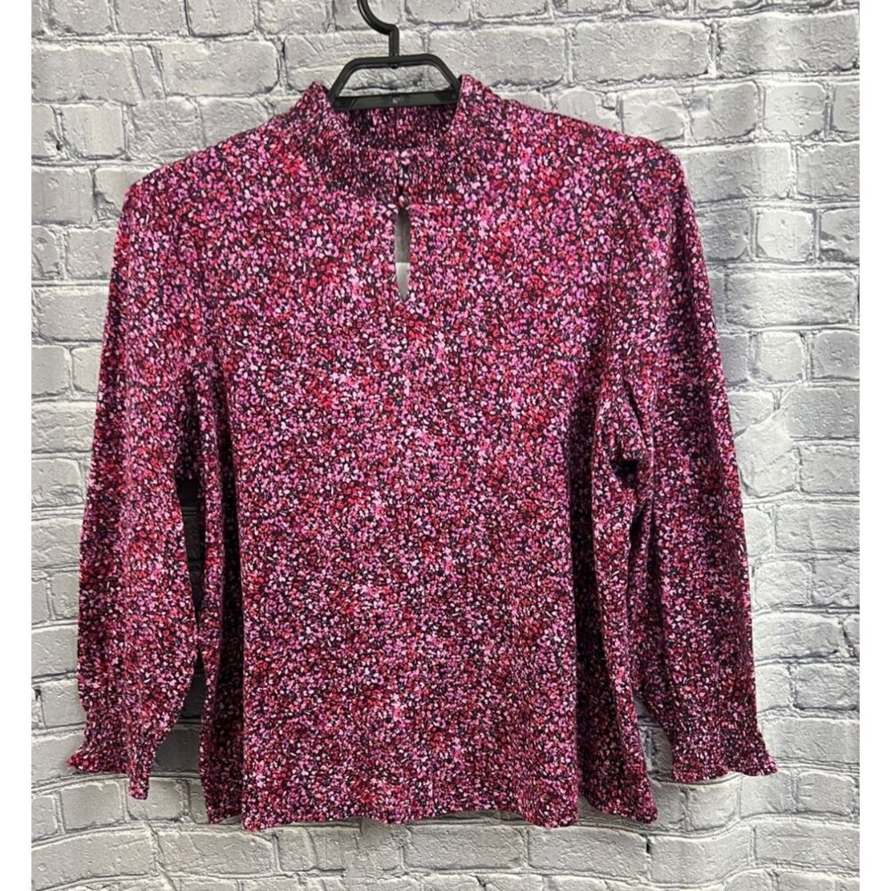 J. Jill Smocked Mock‎ Neck Top in Strawberry Petals Pink 2X  Long Sleeve Keyhole